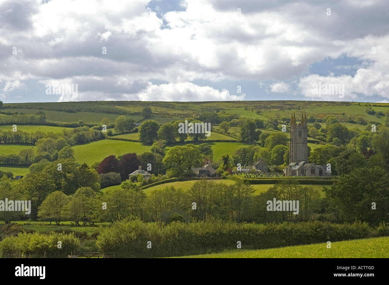 View towards Saint Pancras Church, Widdecombe in the Moor, Dartmoor National Park, Devon, UK Stock Photo