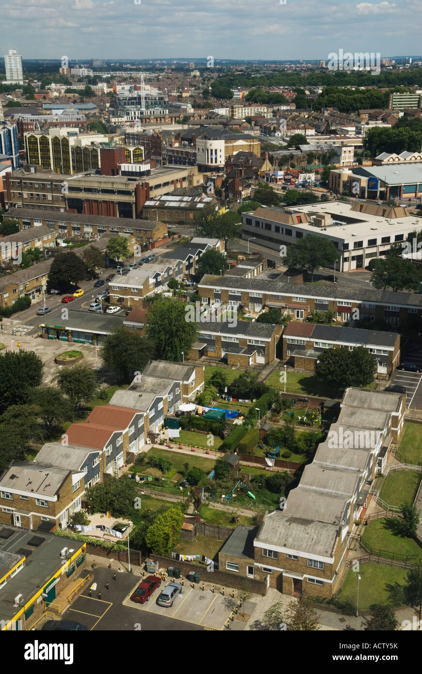Arial view of Stratford East London looking down onto housing gardens   2007 2000s HOMER SYKES Stock Photo