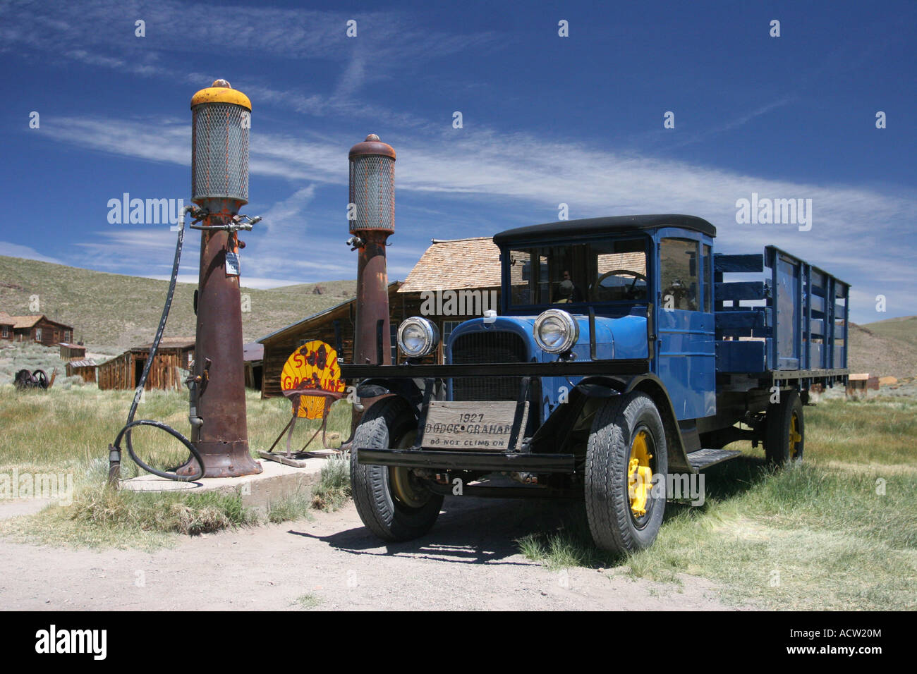 Blue Dodge truck on Main Street, Bodie Ghost Town, California, USA Stock Photo
