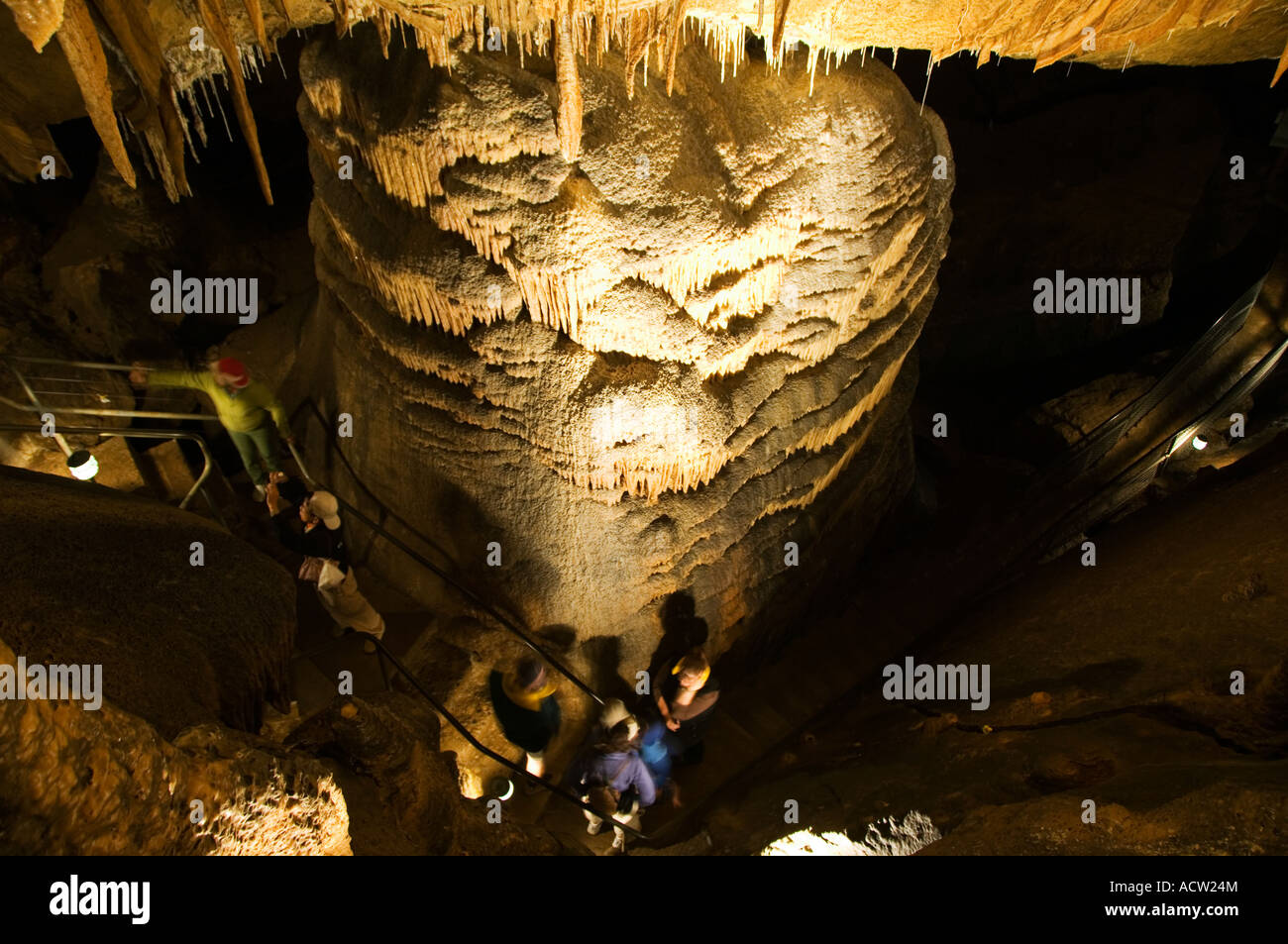 Australia State of Tasmania Gunns Plains Cave Limestone Stalactite and Stalagmite Formations visited by Tourists Stock Photo