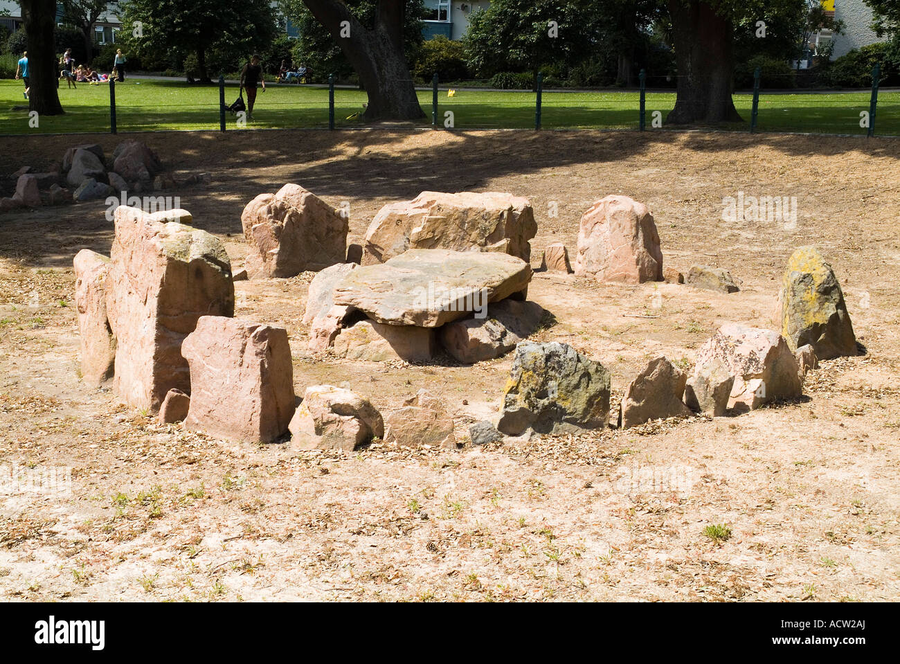 dh First Tower ST HELIER JERSEY Neolithic cist in circle grave burial stones site St Andrews Park Stock Photo