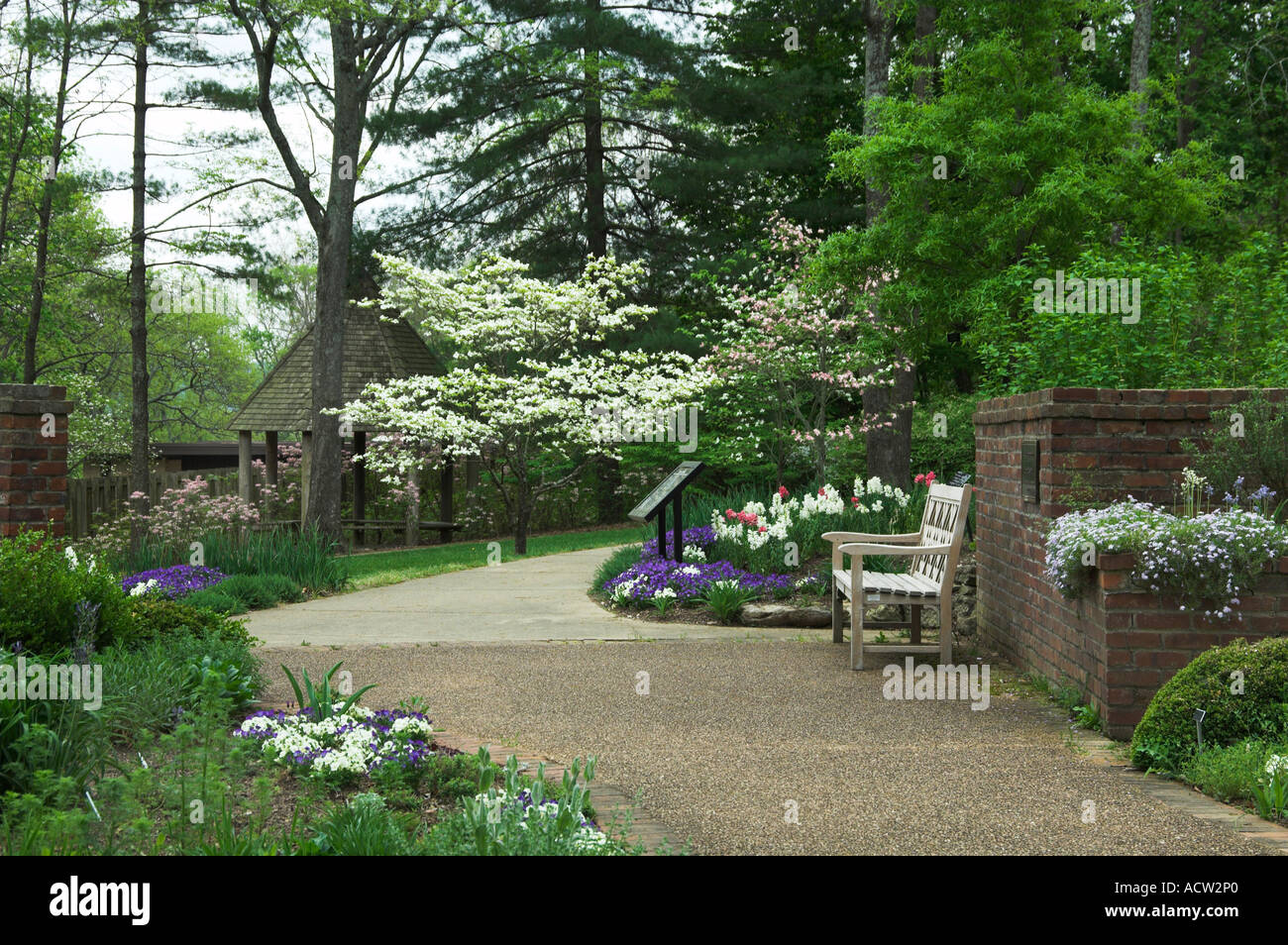 Spring flowers in bloom and a walkway at the Cheekwood Botanical