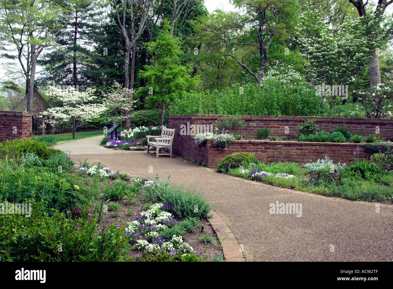 Spring flowers in bloom and a walkway at the Cheekwood Botanical