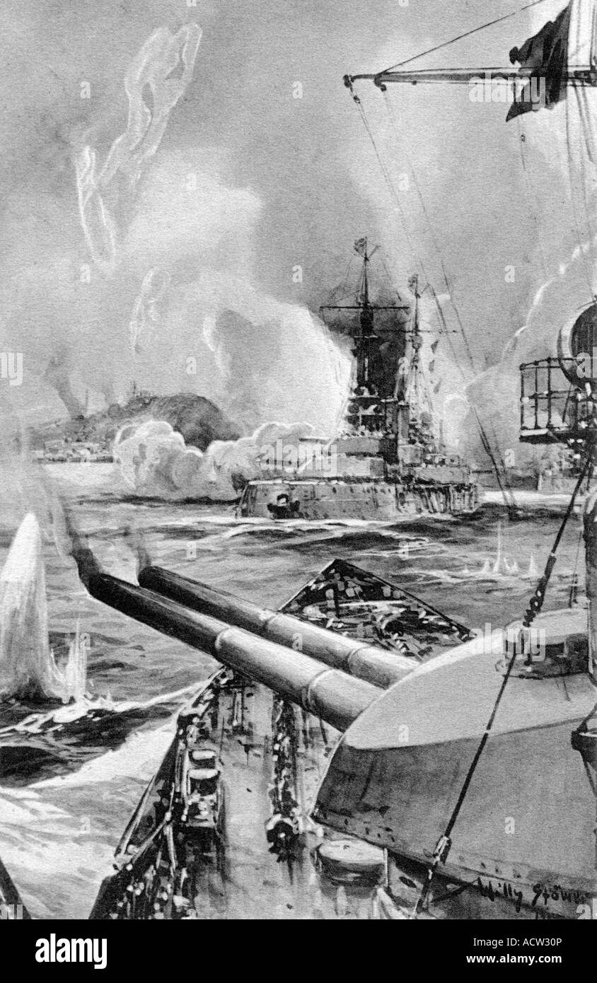 events, First World War / WWI, naval warfare, bombardment of Scarborough by German warships, 16.12.1914, postcard, after drawing by Willy Stoewer, 1915, Great Britain, England, war ship, navy, propaganda, Germany, 20th century, historic, historical, shelling, armoured, battle cruisers, Imperial Navy, postcards, Stower, Stöwer, people, 1910s, Stock Photo