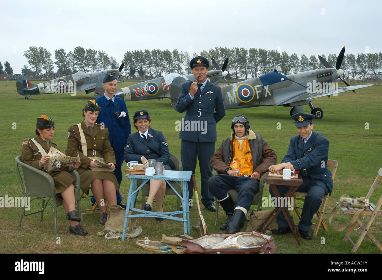 Goodwood Revival 2006, Second World War Revival of a Fighter Squadron Airfield with Spitfires in the background Stock Photo