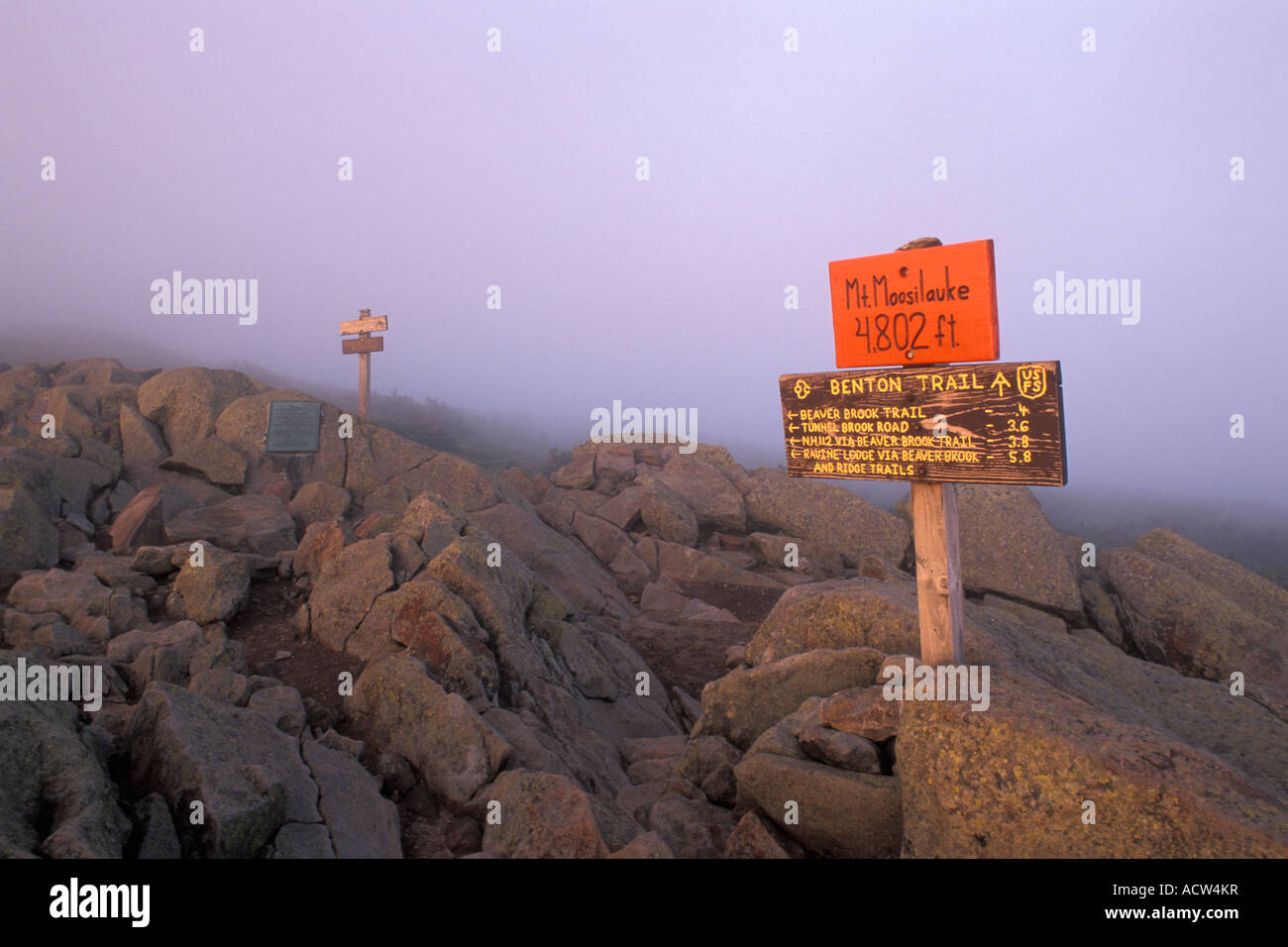 Mount Moosilauke summit in fog, White Mountain National Forest, New Hampshire Stock Photo