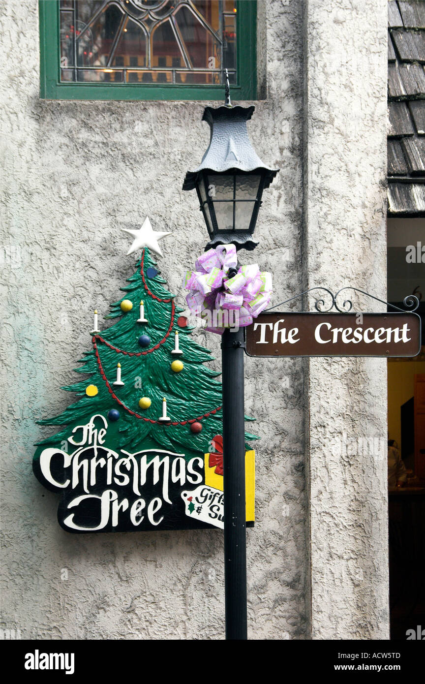 The Christmas Tree Shop sign on Crescent Street in The Village shopping area in Gatlinburg Tennessee USA Stock Photo