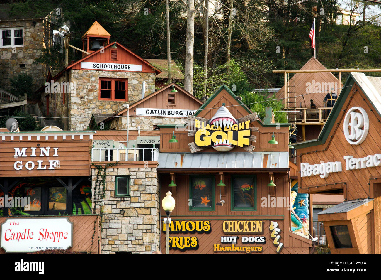 A hillside shopping and entertainment area in downtown Gatlinburg Stock