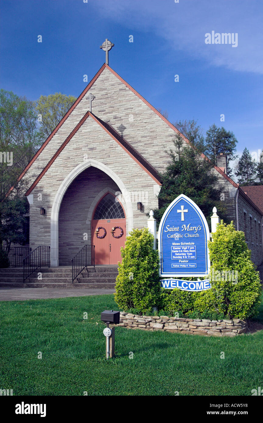 St Mary's Catholic Church front entrance with sign in Gatlinburg, Tennessee USA Stock Photo