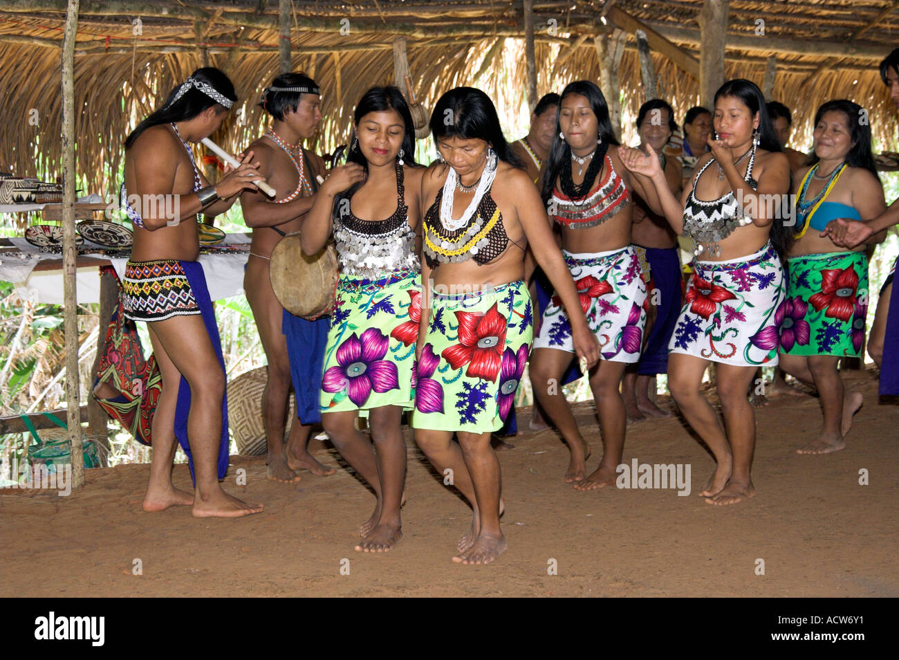 Women of the village perform a dance at the Embera Indian Village near