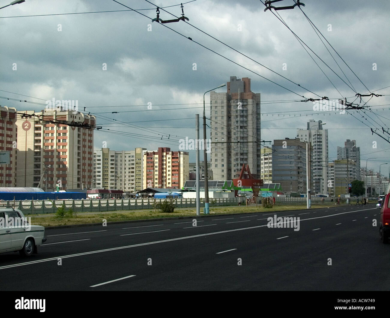 Highway with rows of high rise buildings Gomel Belarus Stock Photo