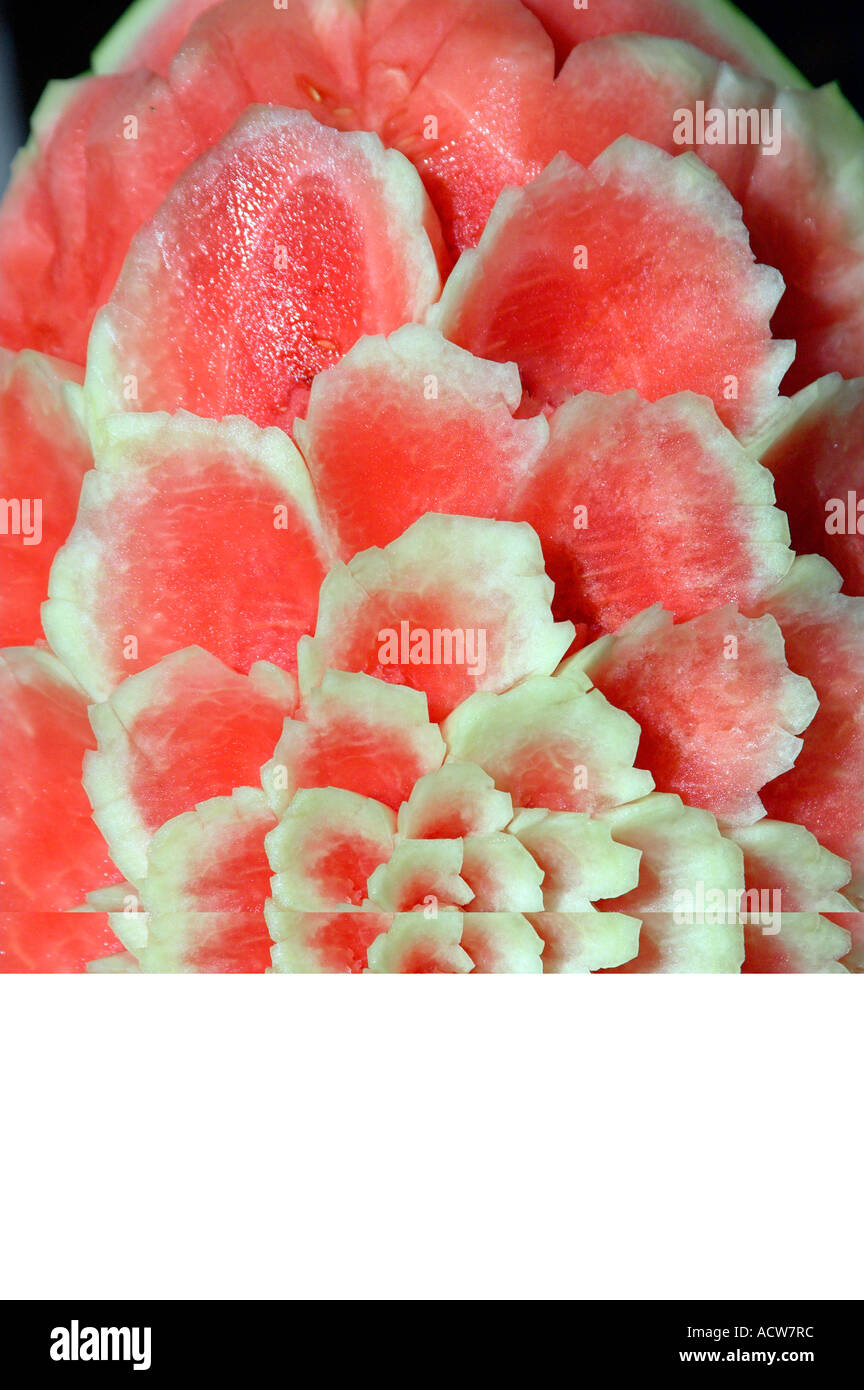 A closeup view of a carved watermelon on the Holland America cruise ship Zaandam Stock Photo