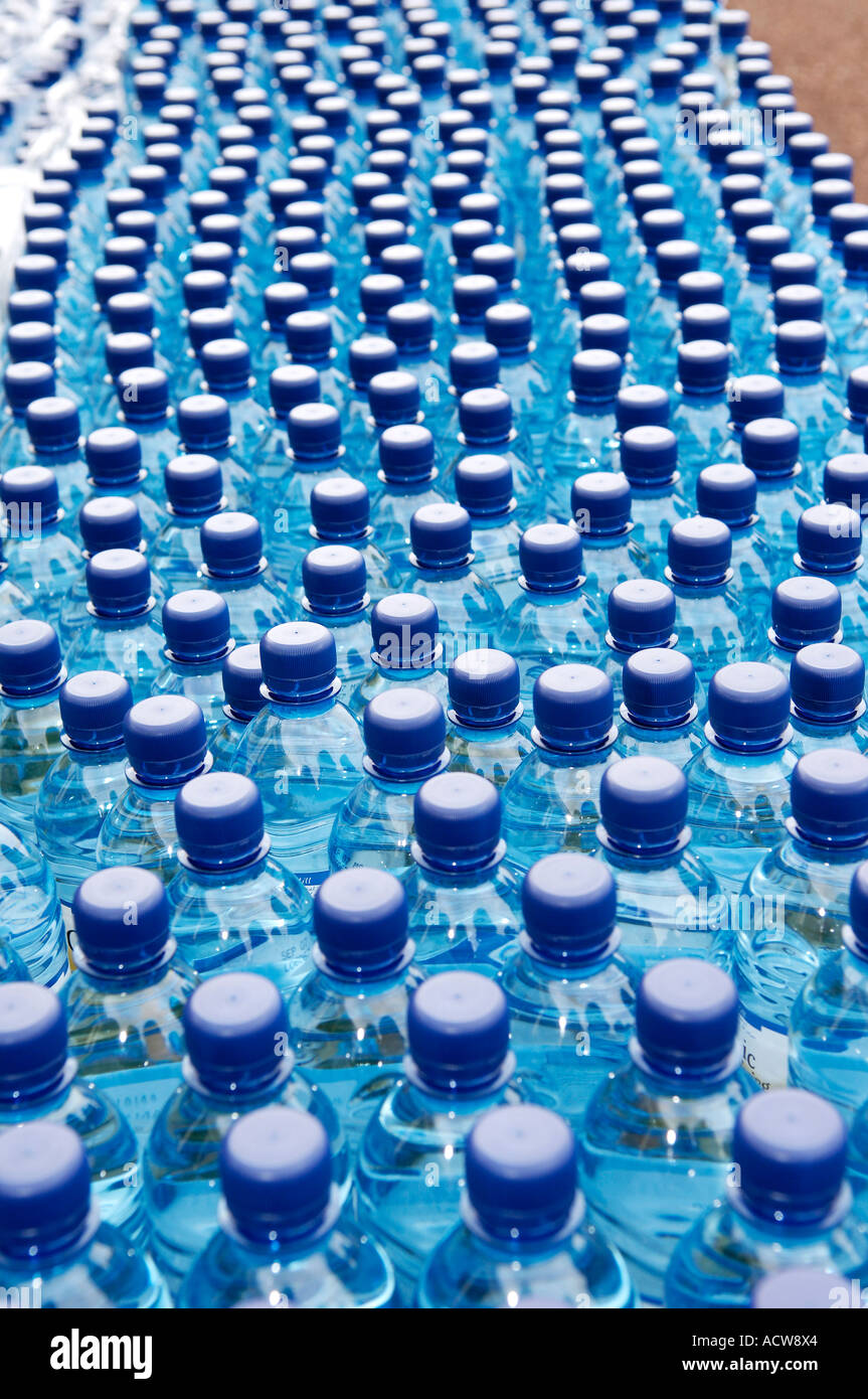 Rows of bottled water waiting for runners at race finish Stock Photo