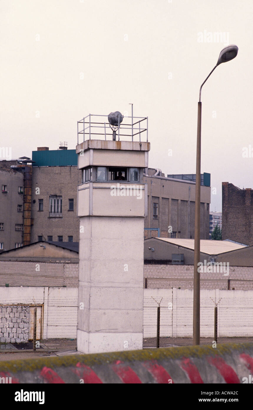 European History. The historical Berlin Wall watchtower in the Death Strip in West Berlin in Germany in Europe during the Cold War. Historical Stock Photo