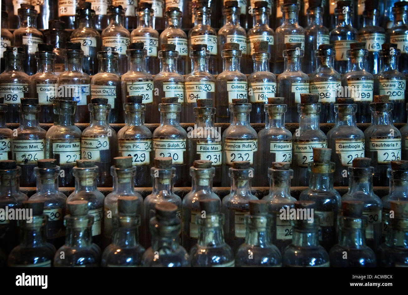 vials in a frame at a Homeopatic pharmacy Varanasi Benares India Stock Photo