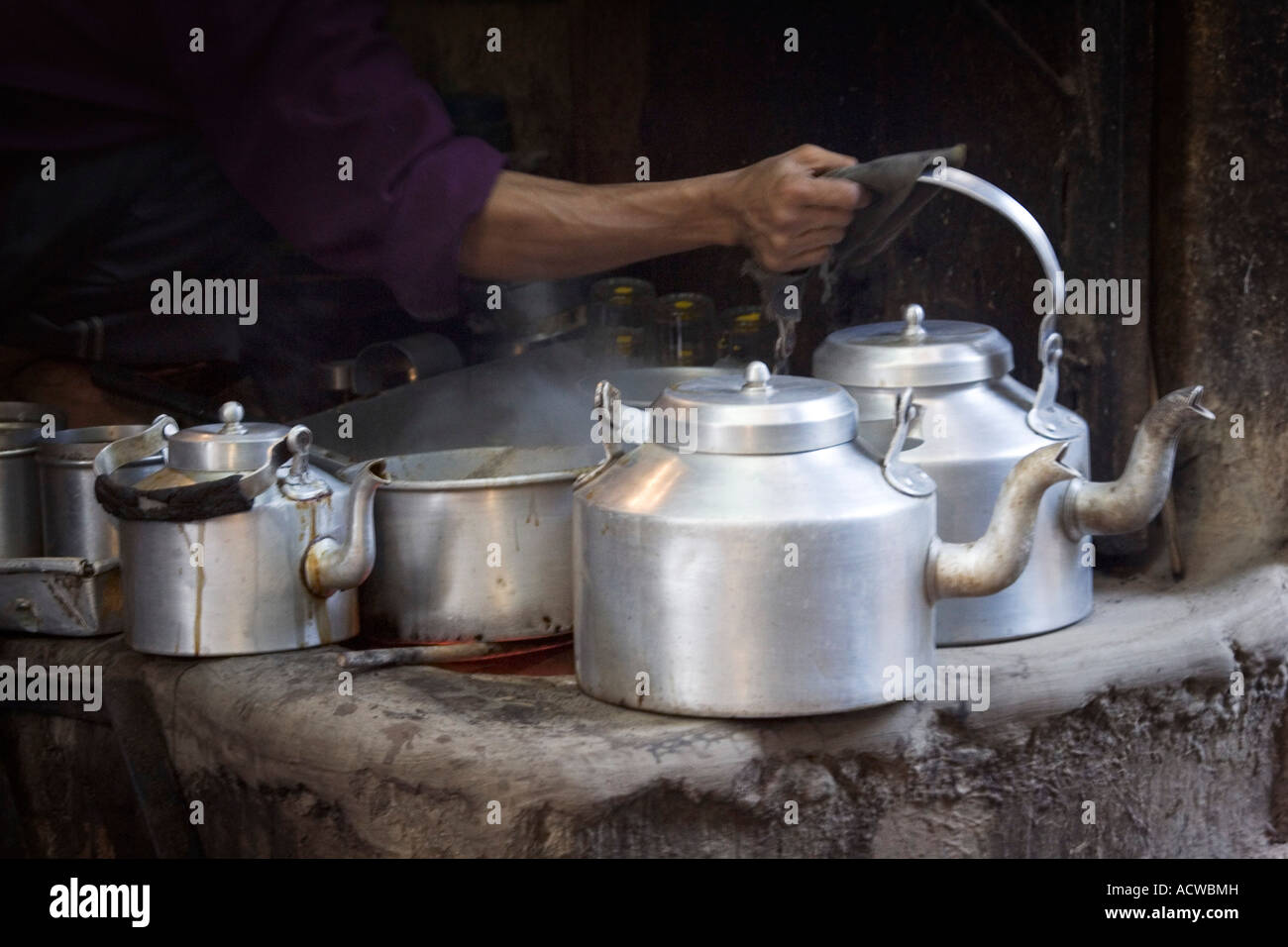 Chai tea kettles on the street Varanasi Benares India Stock Photo Alamy