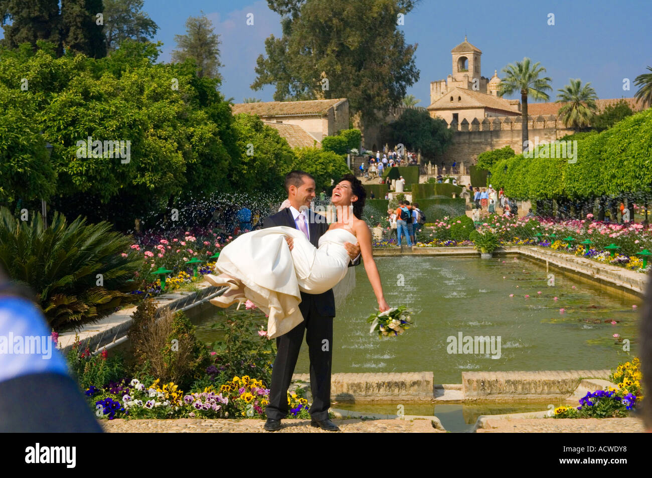 The garden of the Alcazar in Cordoba is a wonderful blend of ponds and flower lined pathways' ideal for wedding photos-Andalusia Stock Photo