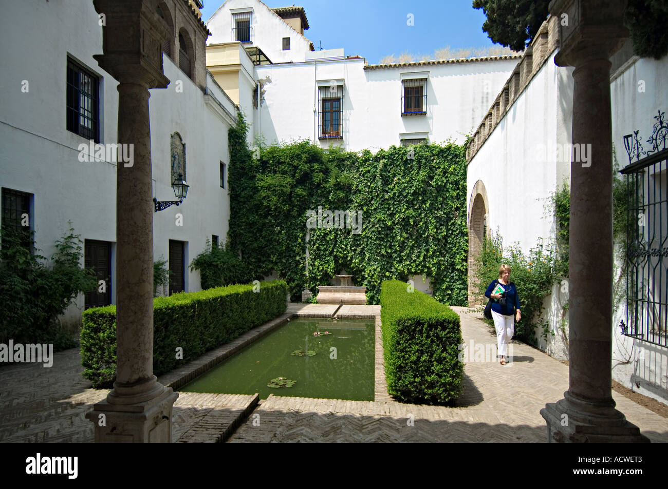 A quiet and private little garden with a pond- a green oasis - in the Real Alcazar Seville, Andalusia, Spain Stock Photo