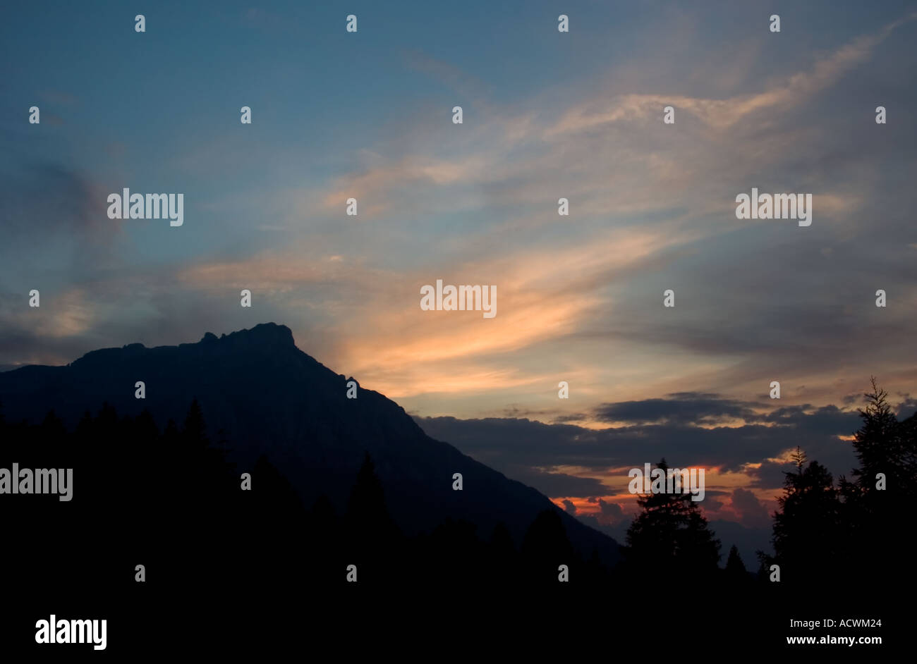 lanscape mountain sunset in multicolor sky Stock Photo