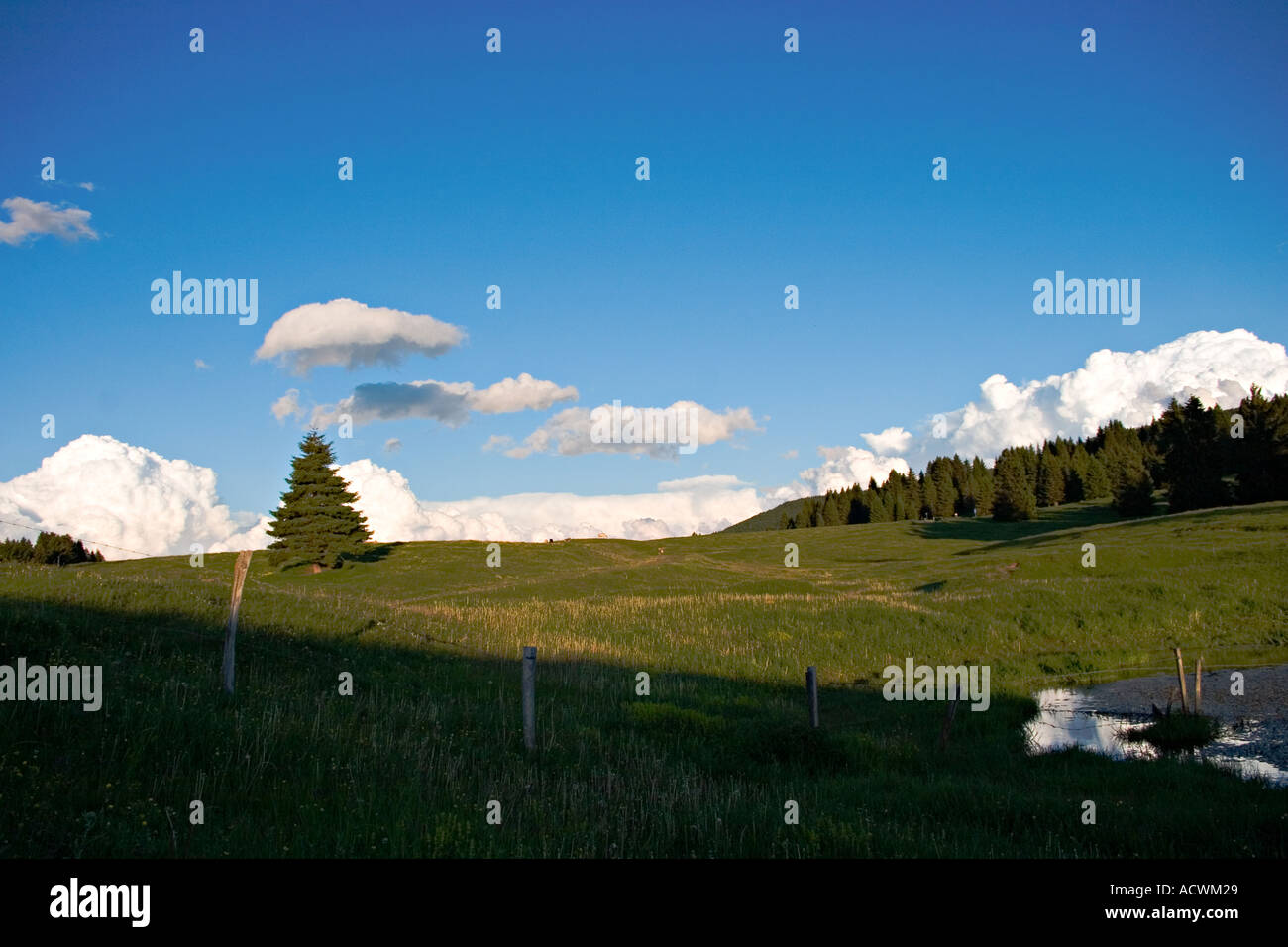 alpine small lake with smooth sky and clouds Stock Photo