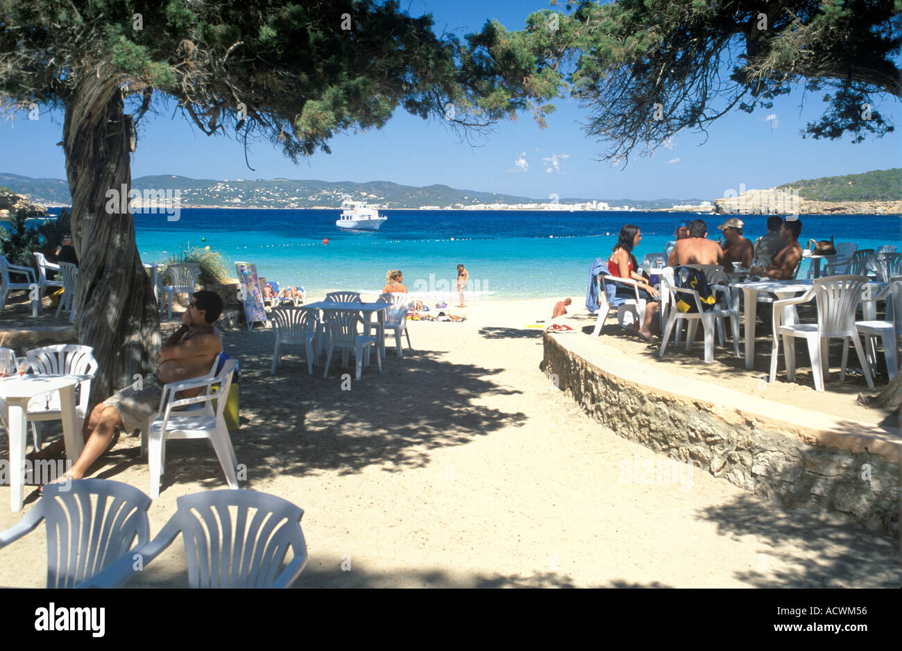 Ibiza Beach Restaurant At Cala Bassa Sant Antoni De Portmany In The Background Stock Photo Alamy