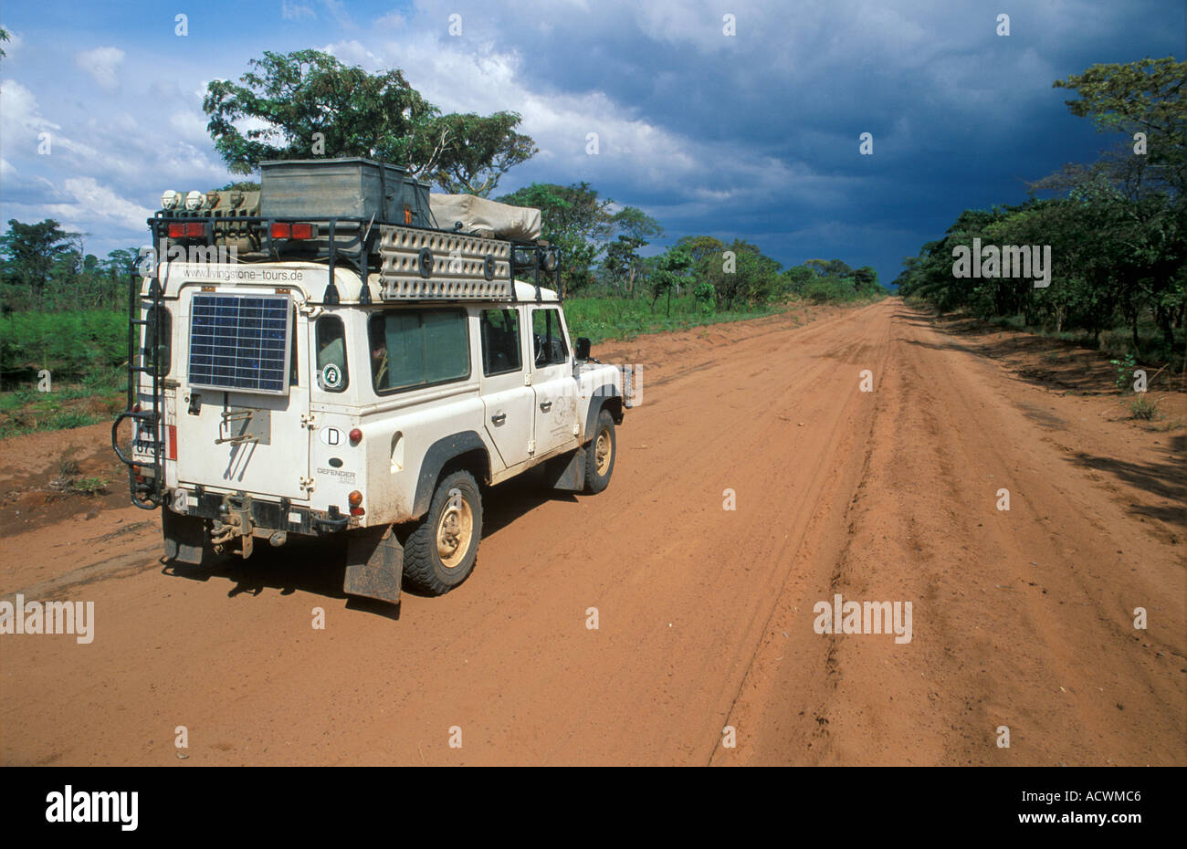 Landrover on a lonely dirt road in the northeast of Zambia Stock Photo