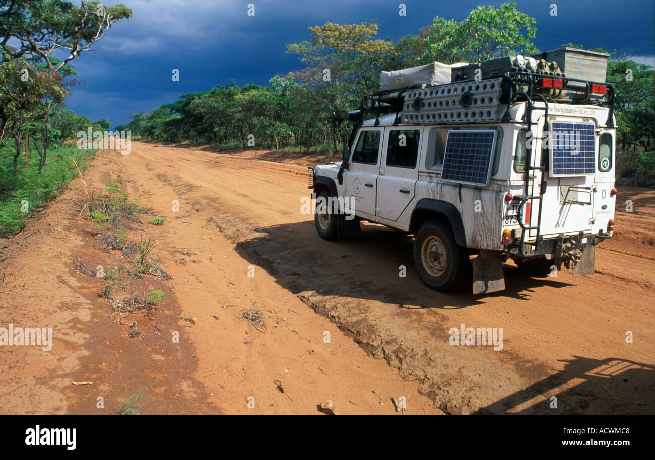 Landrover on a lonely dirt road in the northeast of Zambia Stock Photo