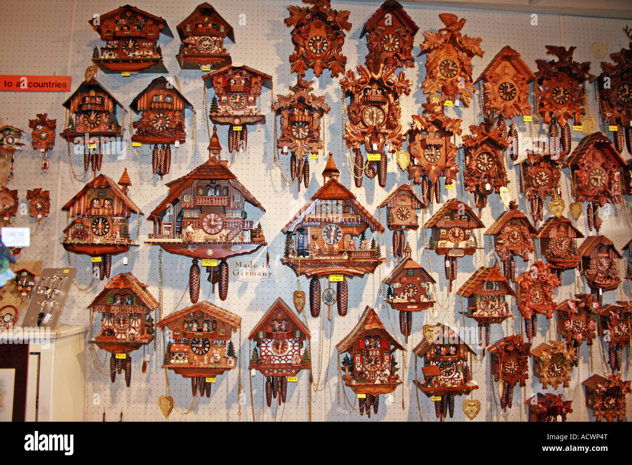 cuckoo clocks, German clocks in a souvenir shop, Germany, Baden Wuerttemberg, Black Forest
