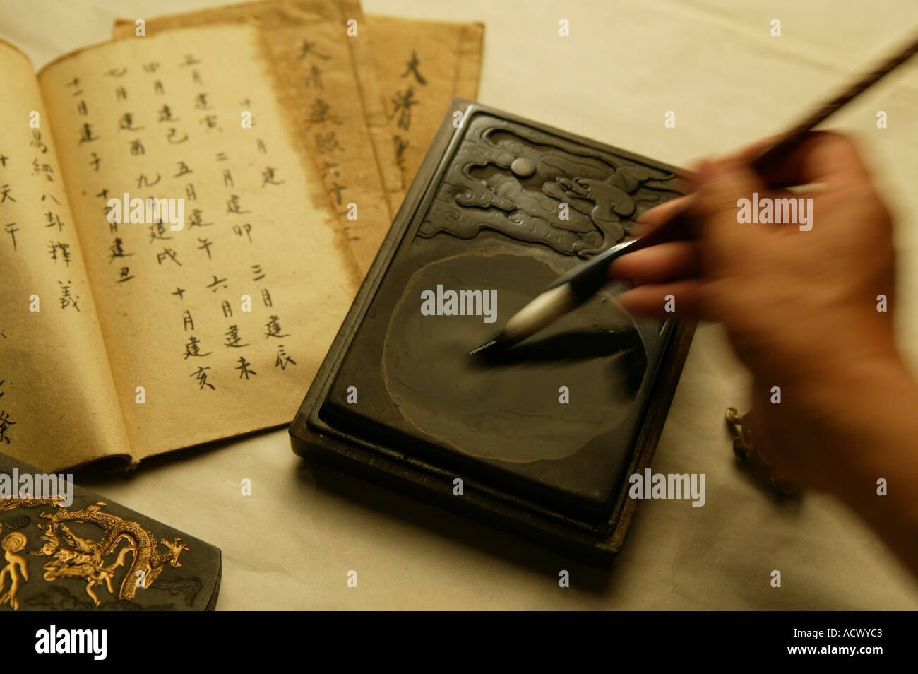 Chinese traditional books and pens Stock Photo - Alamy