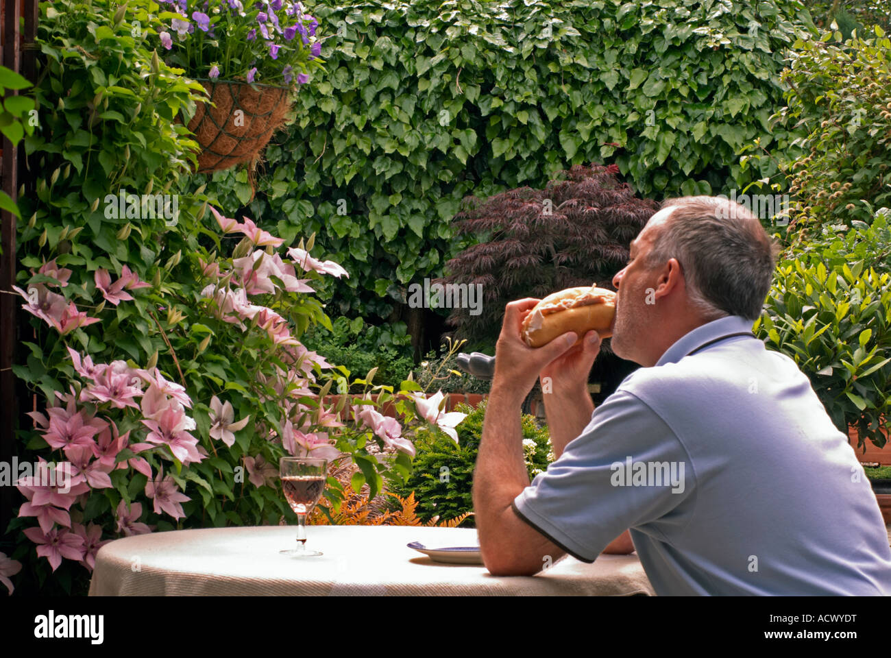 Male eating a large bread roll sandwich with a  'glass of Wine' on a table outside in a lush garden in summer Stock Photo