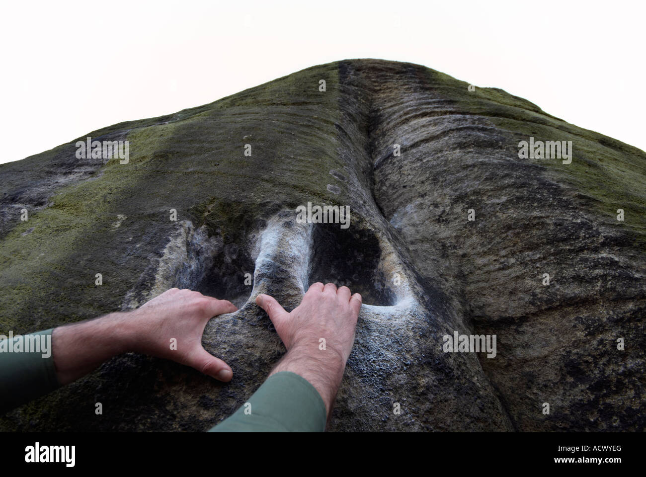 Two Hands and hand holds on Buckstone under "Stanage Edge" in Derbyshire Stock Photo