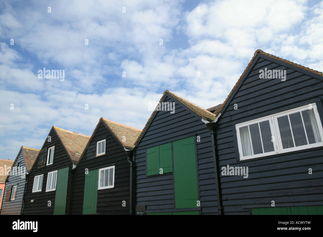 Traditional black painted seafront buildings in Whitstable Kent England Stock Photo