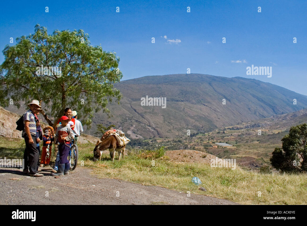 A family of agriculturists with their mule resting on the board of the road. Villa de Leyva, Colombia, South America Stock Photo