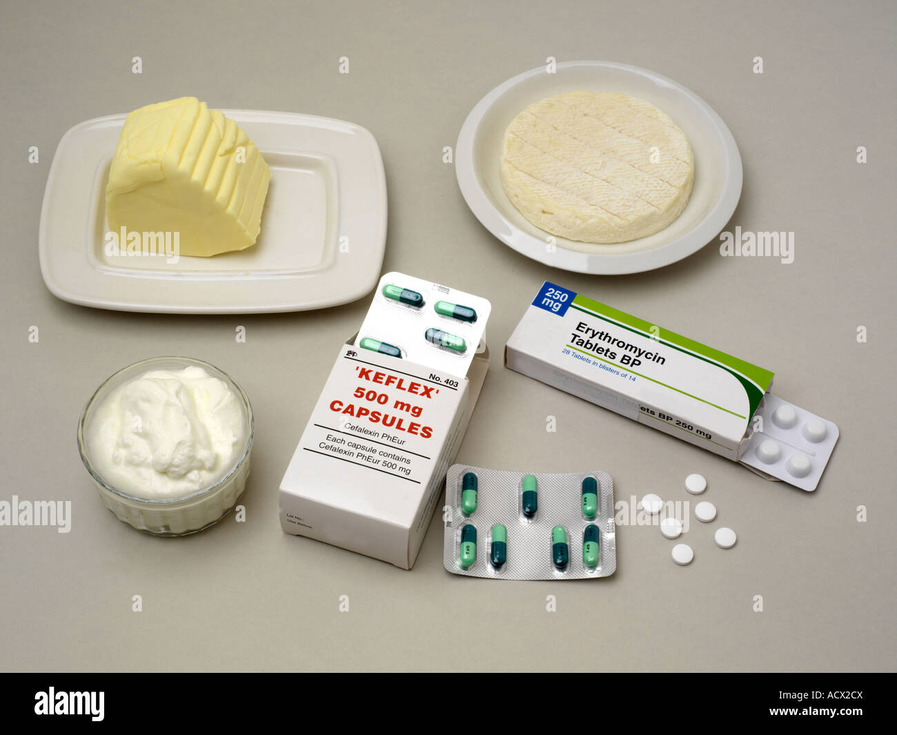 Butter Cheese Yogurt and Antibiotic With Packets Stock Photo Alamy