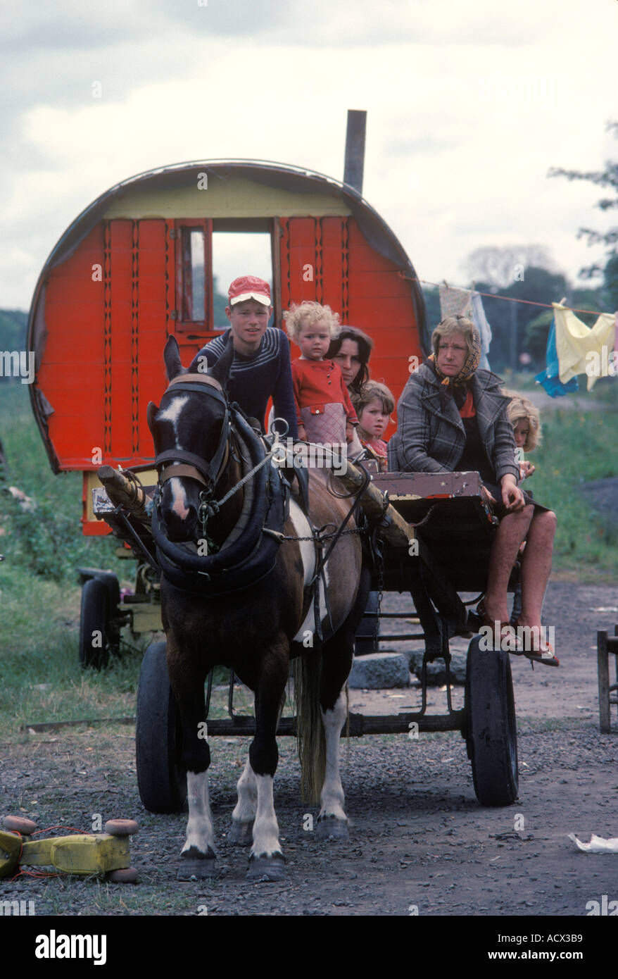 Gypsy family traditional wooden bow topped caravan Southern Ireland Eire Grandmother mother four children  1970s 70s  HOMER SYKES Stock Photo