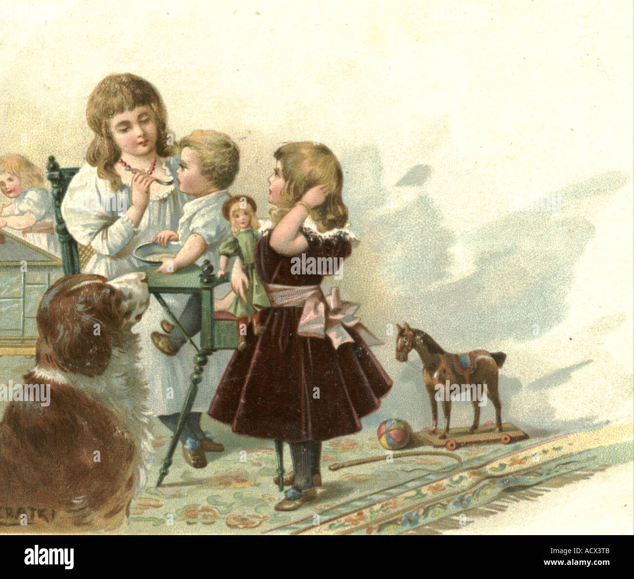 Greeting postcard of children feeding baby circa 1905 Stock Photo