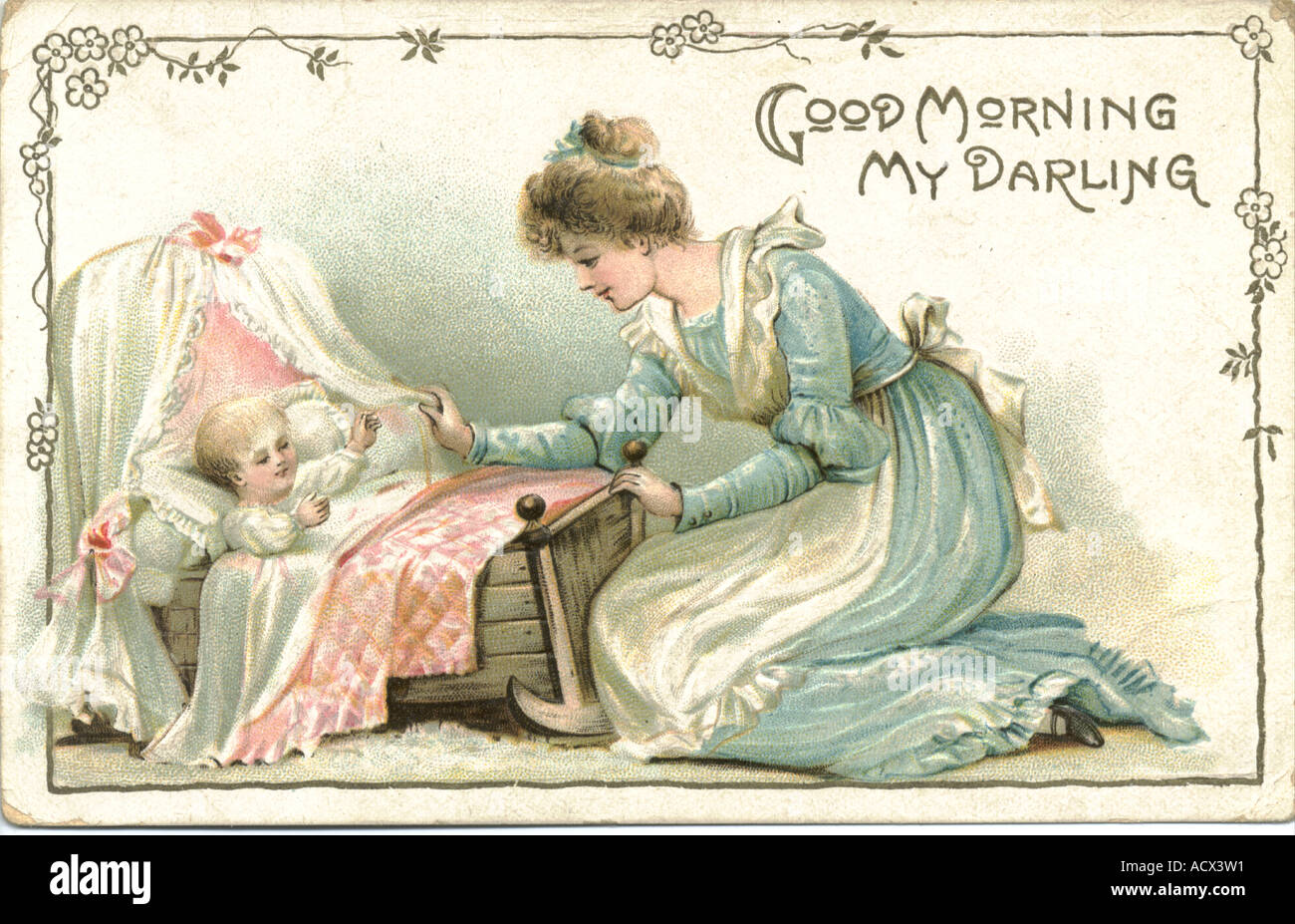 Greeting postcard of mother and baby circa 1903 titled Good Morning My Darling Stock Photo