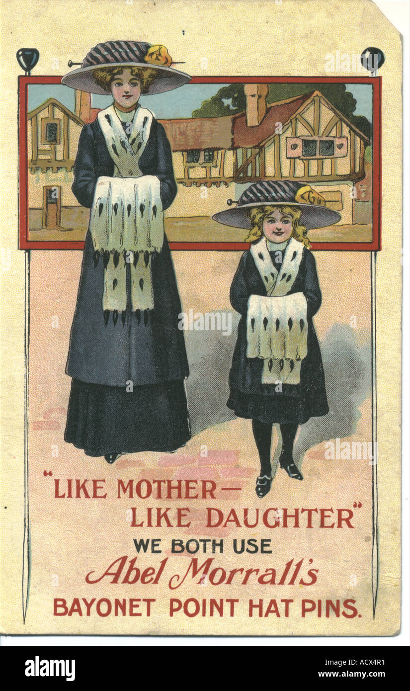 Advertising postcard for Abel Morrall's Hat Pins circa 1905 titled Like Mother Like Daughter Stock Photo