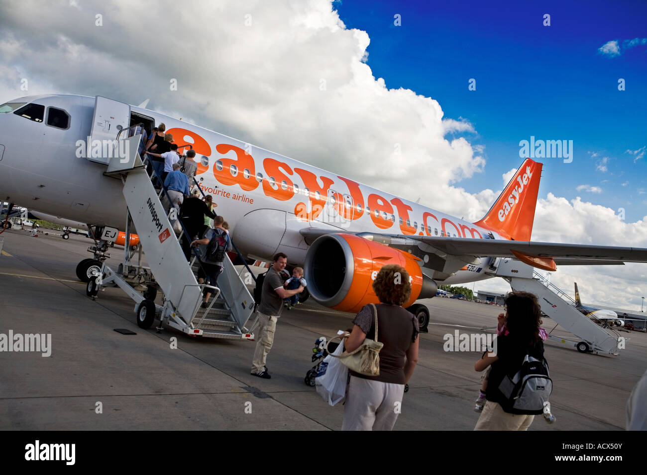 Easyjet plane on the runway at Stansted runway Stock Photo