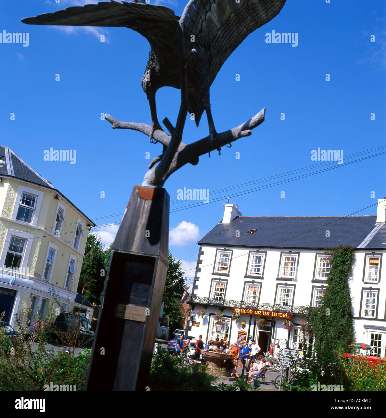 Red Kite bird statue and Neuadd Arms Hotel at Llanwrtyd Wells Powys