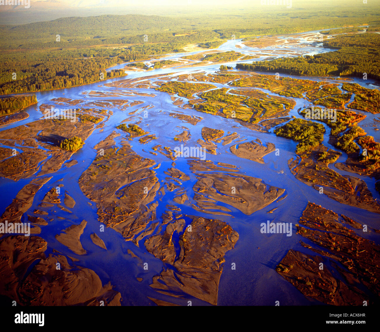 An aerial view of the Chulitna River just north of Talkeetna Alaska as the fall colors are out Stock Photo