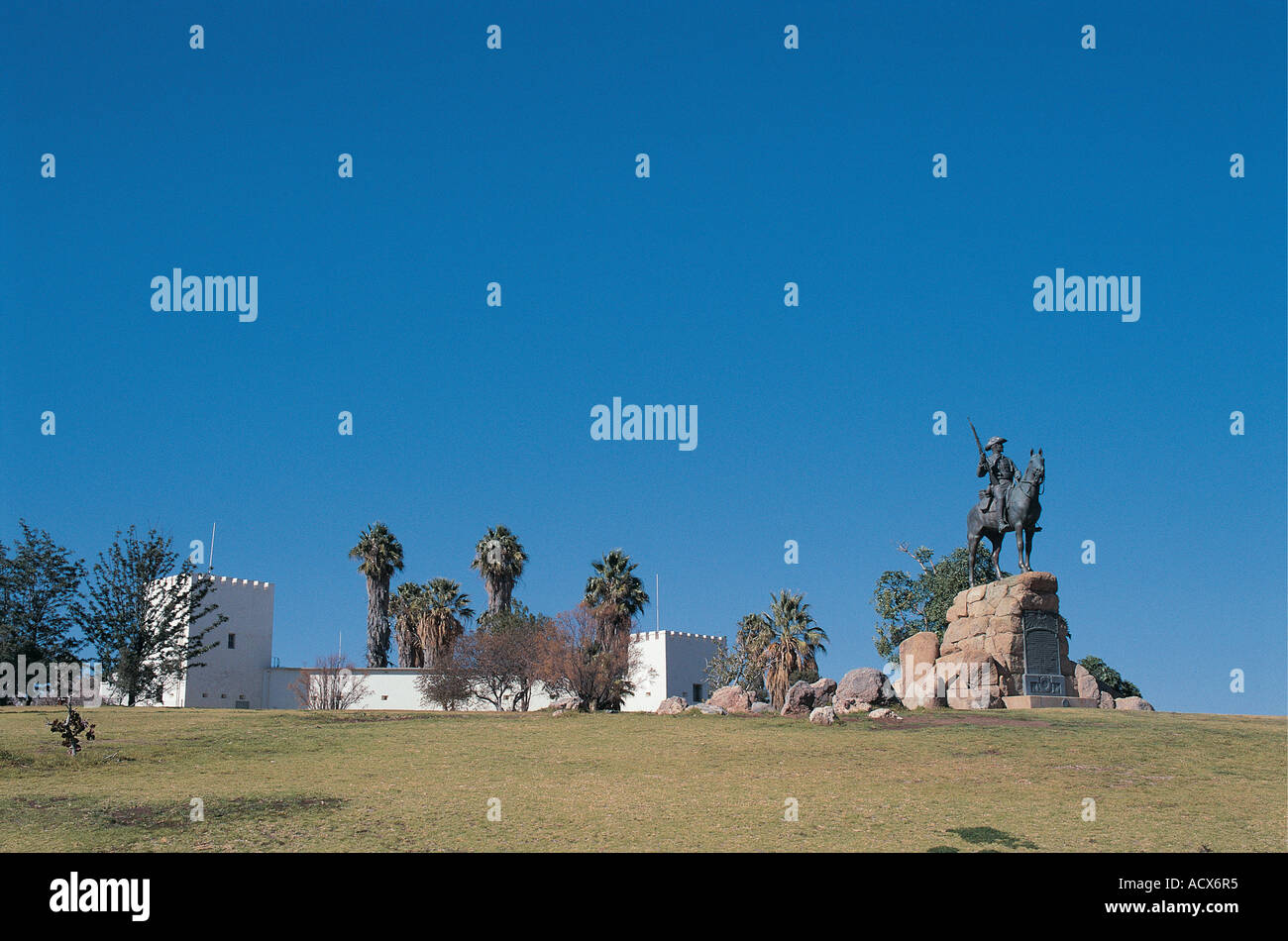 The Equestrian Memorial in front of Alte Feste the Old German Fort Windhoek Namibia south west Africa Stock Photo