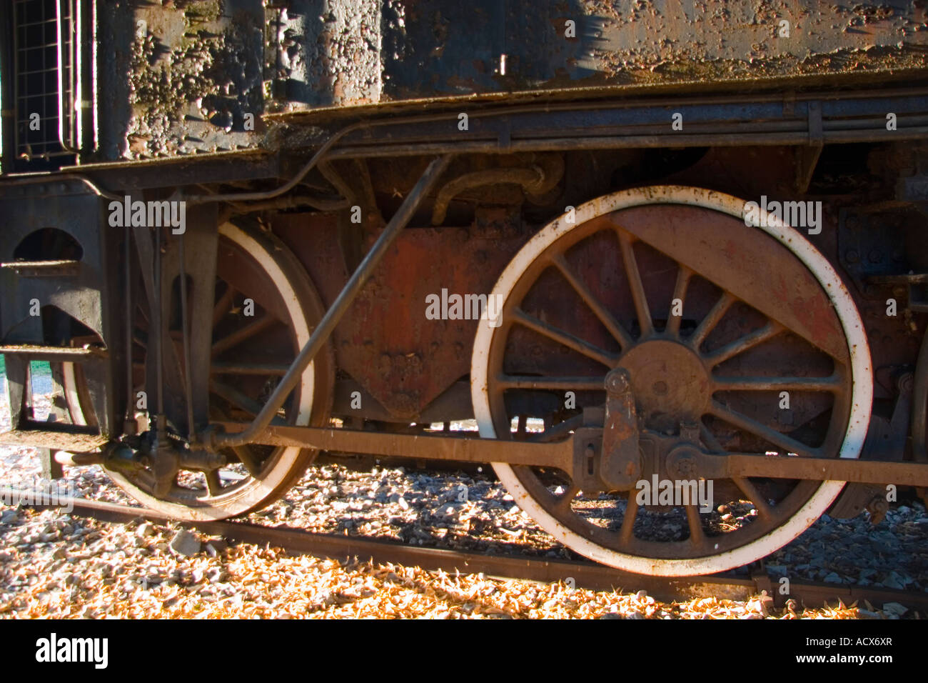 locomotive, engine, rail engine, train old, transport, steam, antique, rust, close up, iron track, pebbles, dirty, railway Stock Photo