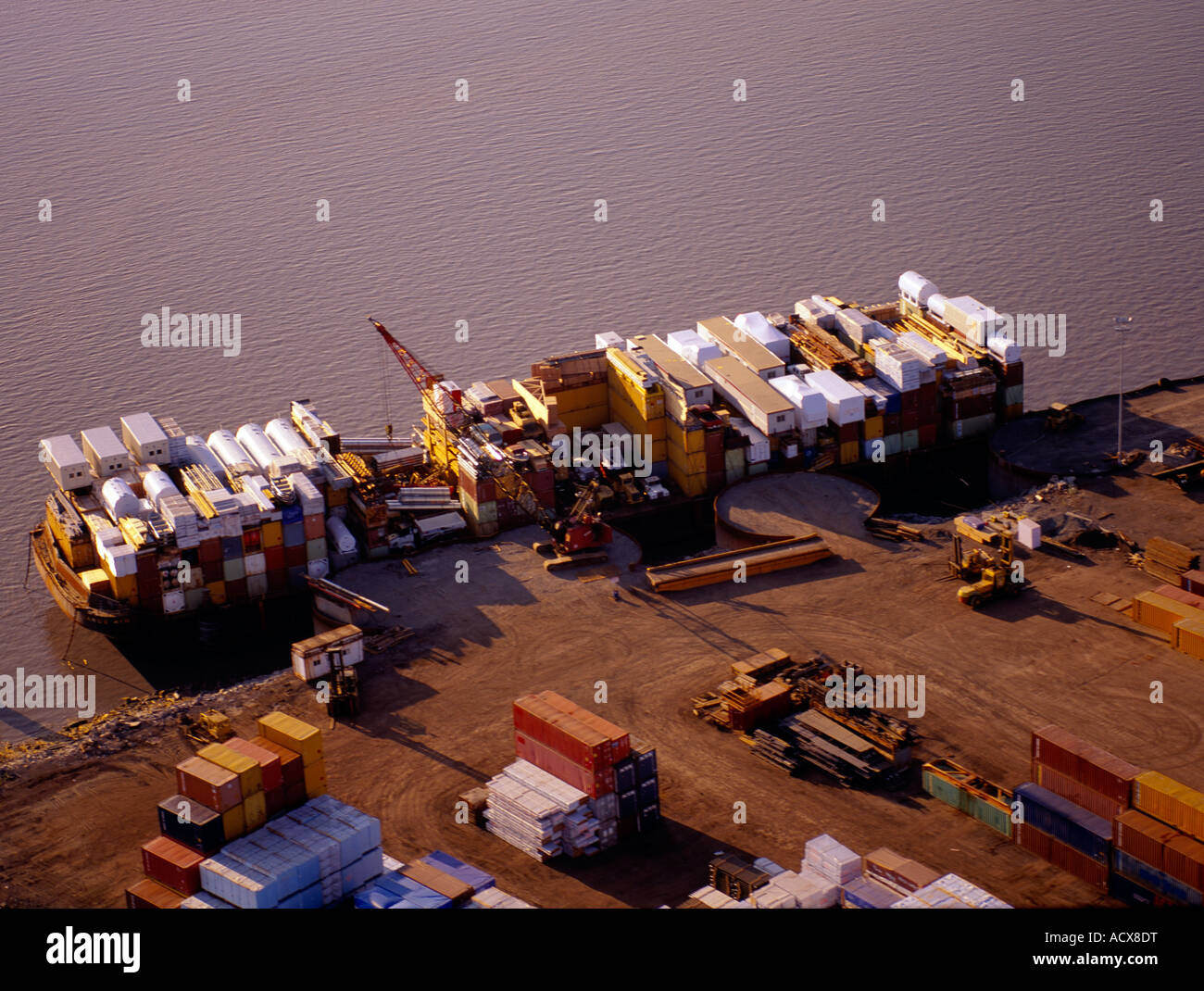An aerial view of the barge at the dock in Anchorage Alaska Stock Photo