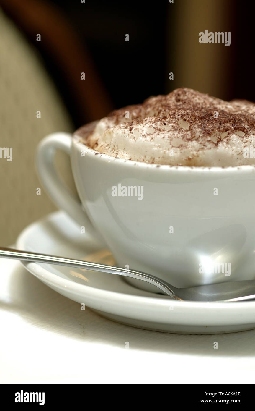 Cup of Lavazza Latte coffee in white china cup with white saucer in  daylight with froth foam on top and biscuit and teaspoon Stock Photo - Alamy
