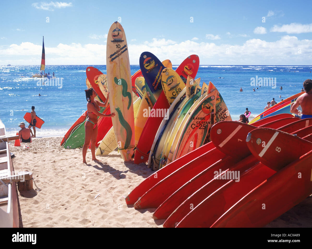 Rental surfboards at Waikiki Beach on Oahu Island in Hawaii Stock Photo