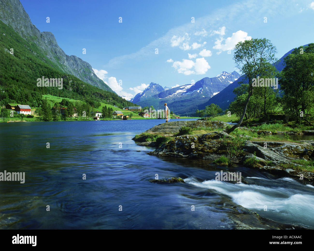Fly fishing for salmon and trout on Rauma River near Straumgjerde in Møre-Romsdal region of Norway Stock Photo