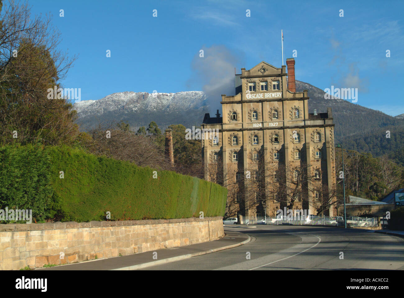 Cascade Brewery Hobart Tasmania Australia against a backdrop of snow