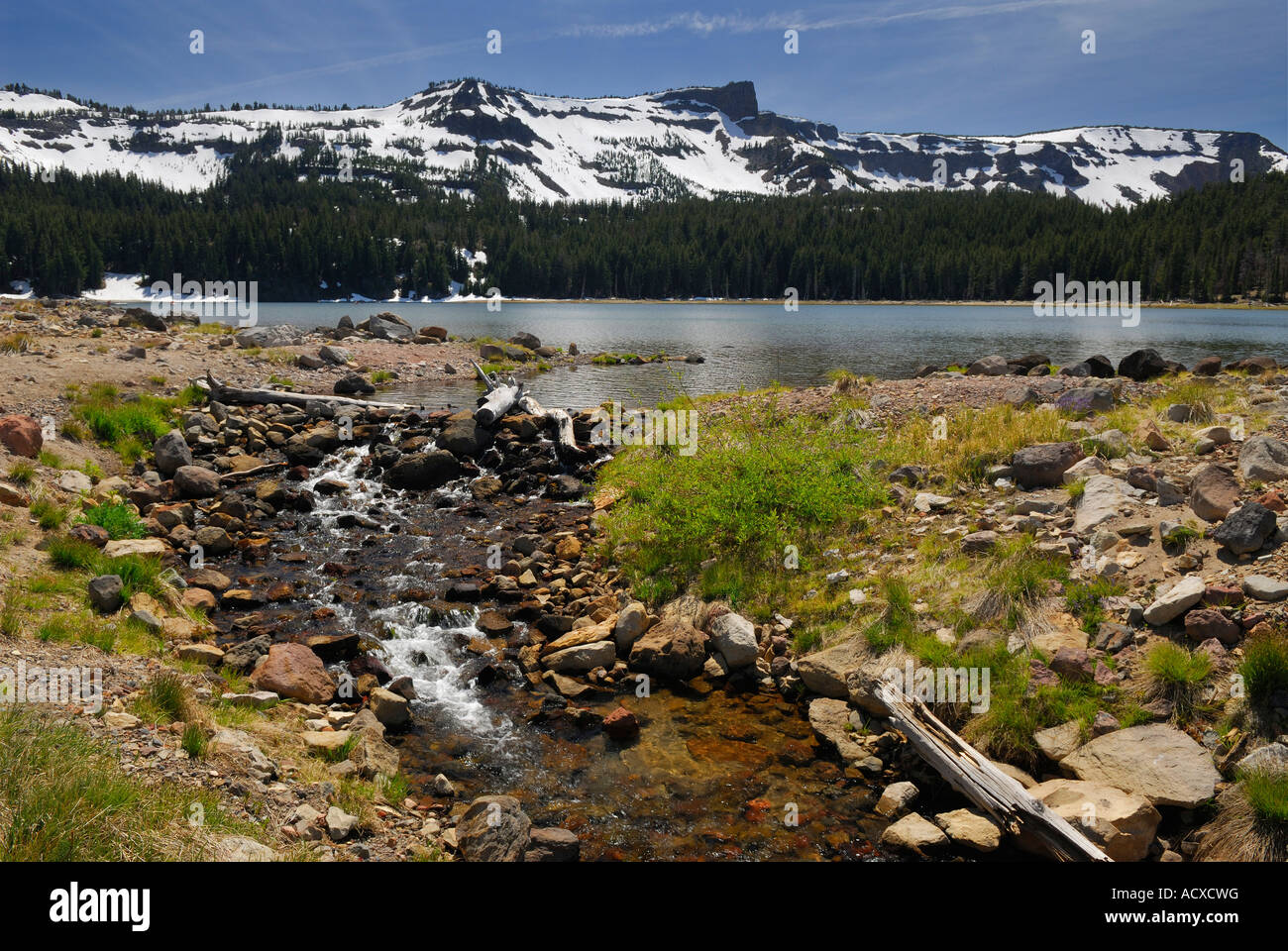 Isolated Three Creek Lake runoff along snow capped Broken Top volcanic mountain Deschutes National Forest Bend Oregon USA Stock Photo