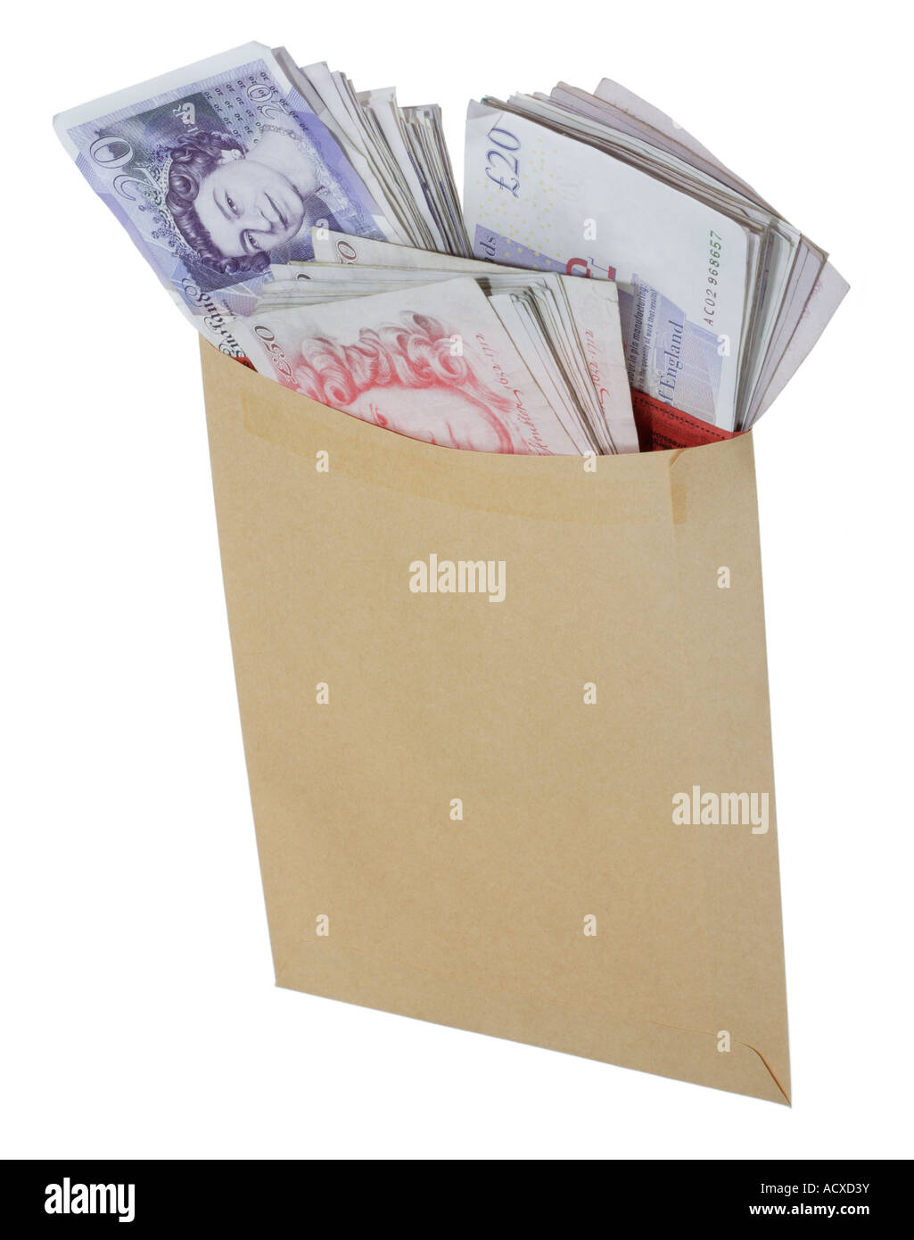 Cash and a brown envelope Used notes Stock Photo